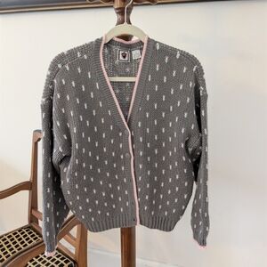 Grey and Pink V-Neck Button Cardigan Sweater